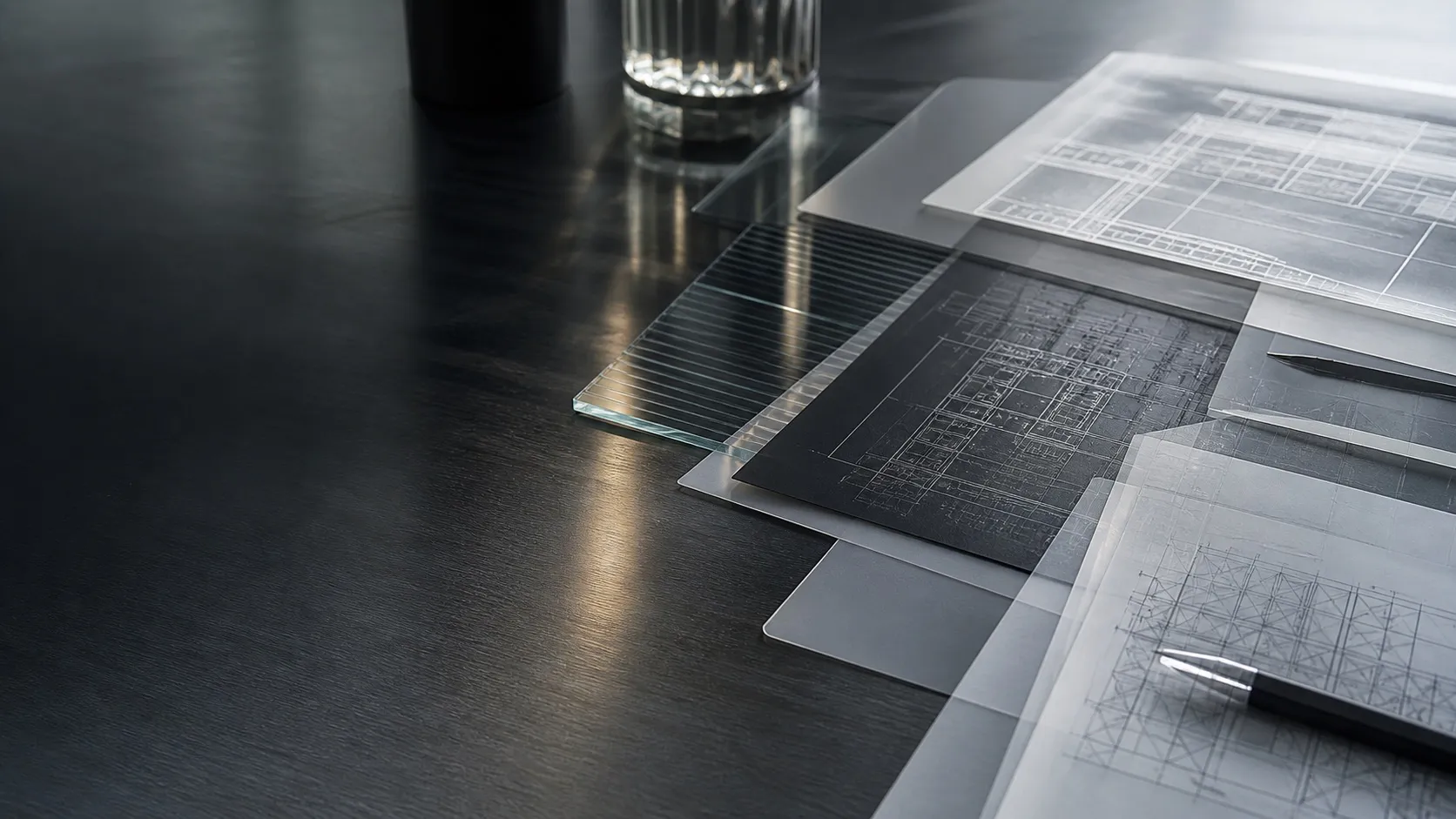 Planos técnicos organizados sobre mesa de trabalho
